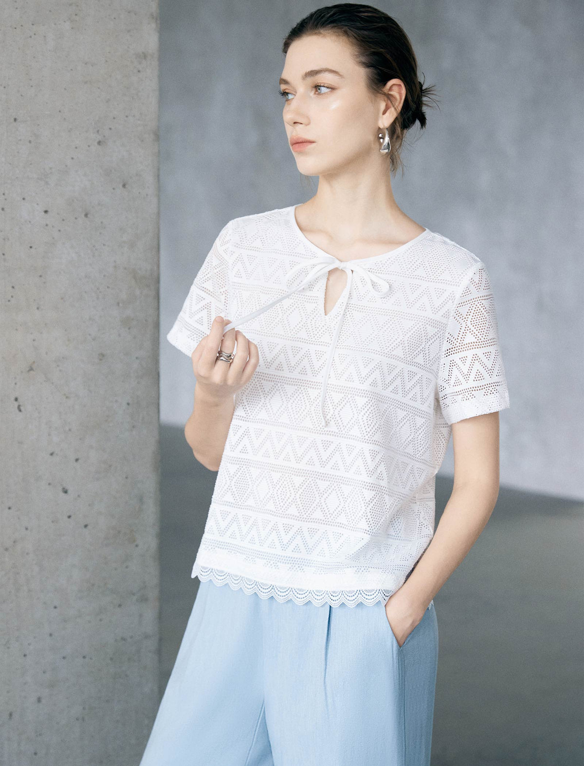 Geometric Lace Knit Tie-Neck Short Sleeve Top