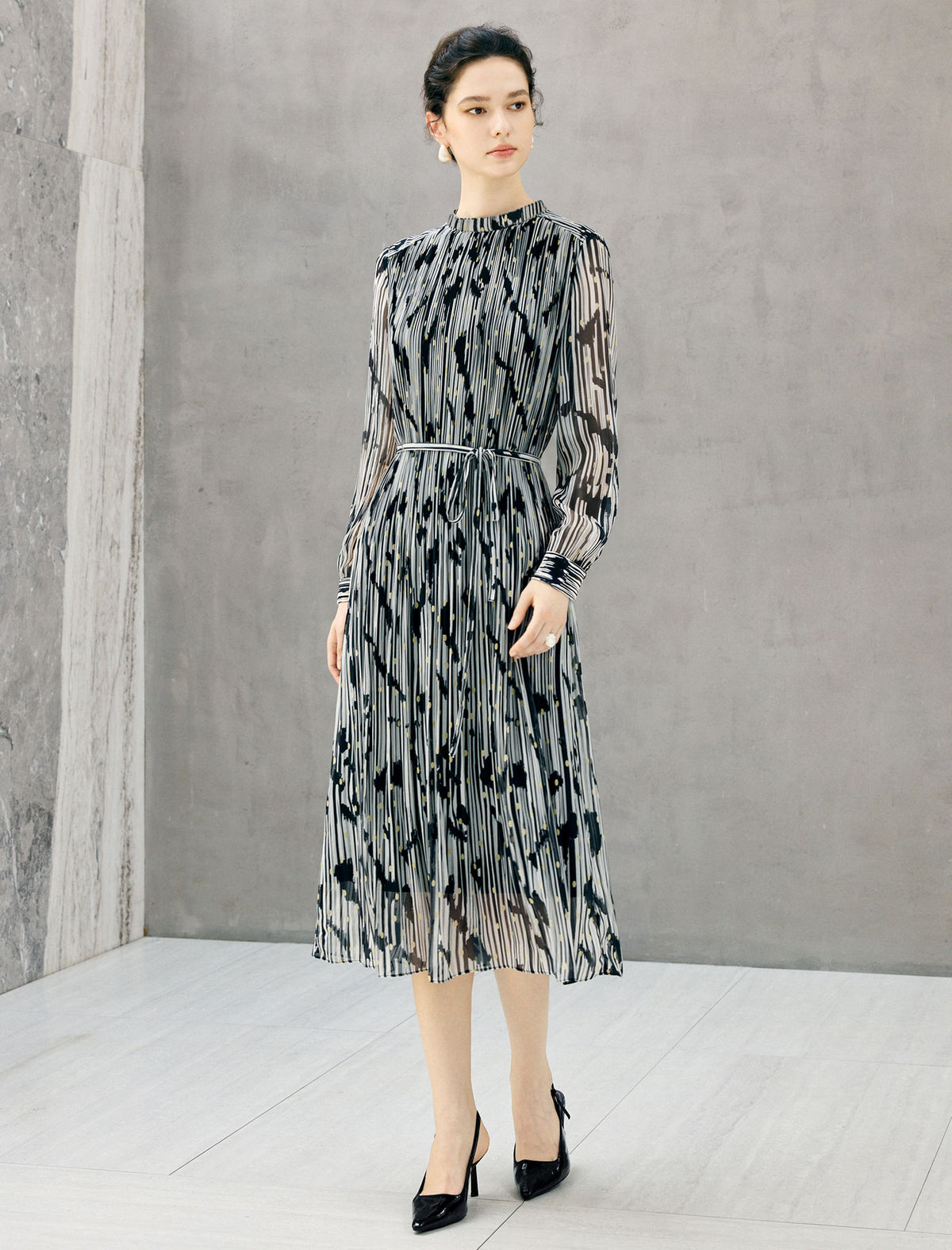 Abstract Print Belted Long Sleeve Midi Dress