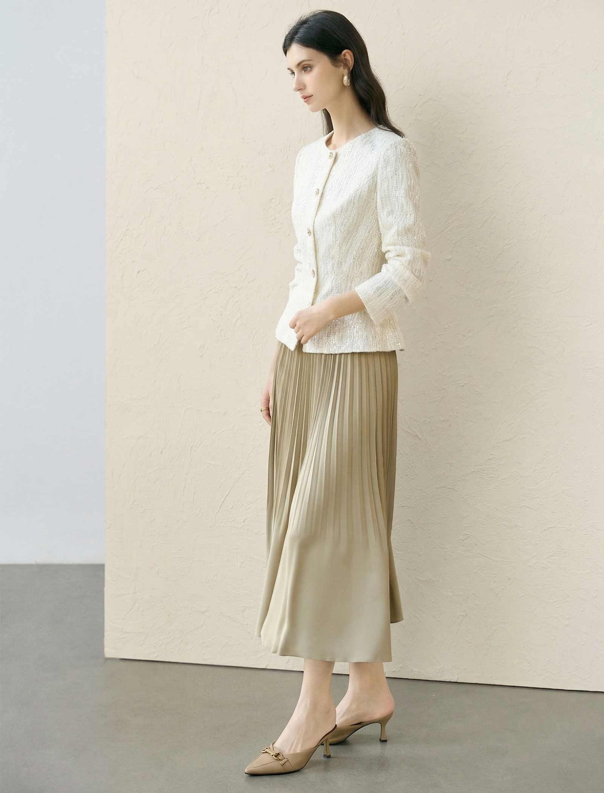 Camel Satin Pleated Midi Skirt