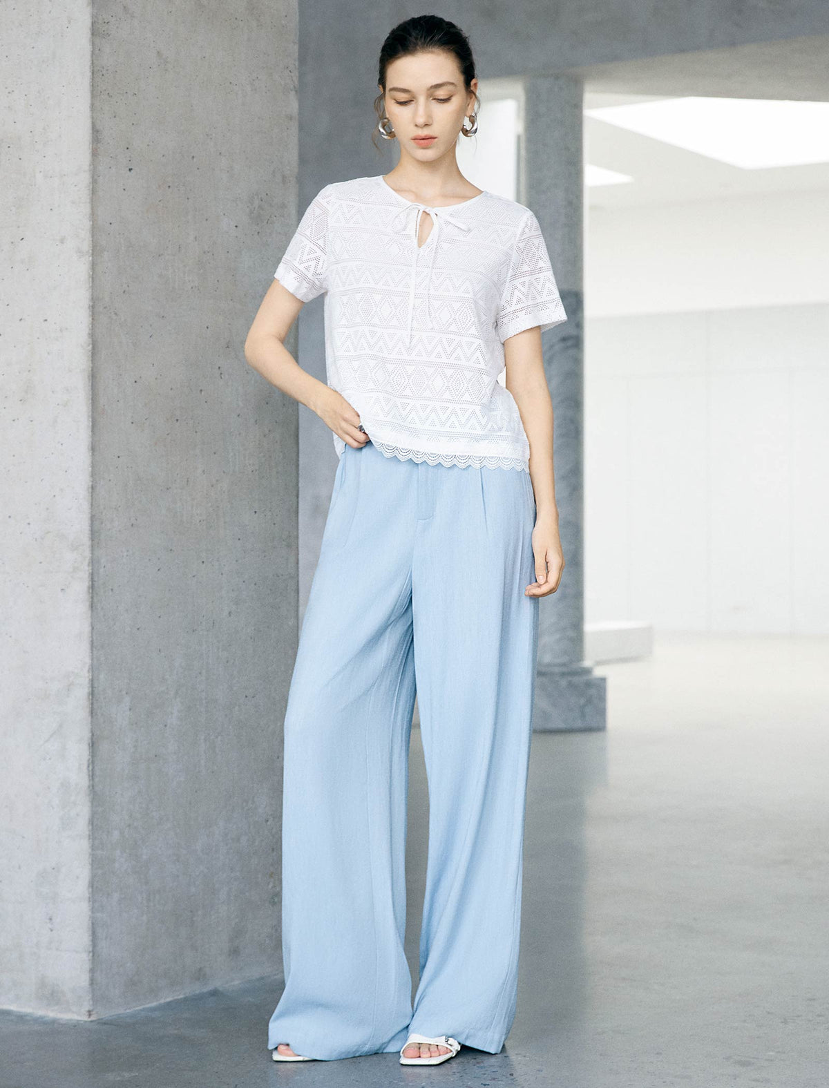 Geometric Lace Knit Tie-Neck Short Sleeve Top