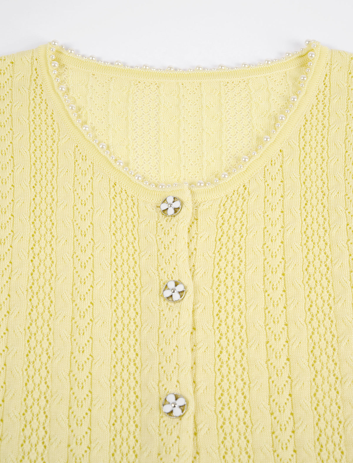 Pale Yellow Tencel Pearl Trim Knit Cardigan