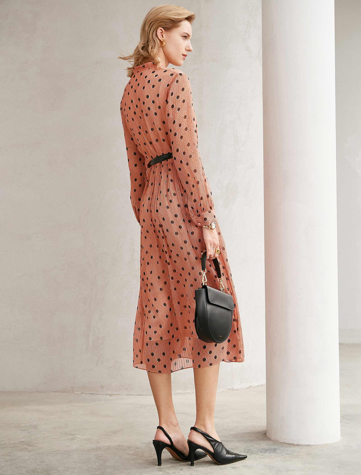 Peach Polka Dot Ruffled Neck Midi Dress