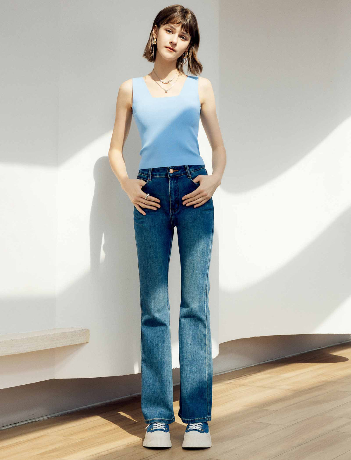 Solid Square Neck Wide Strap Knit Tank Top