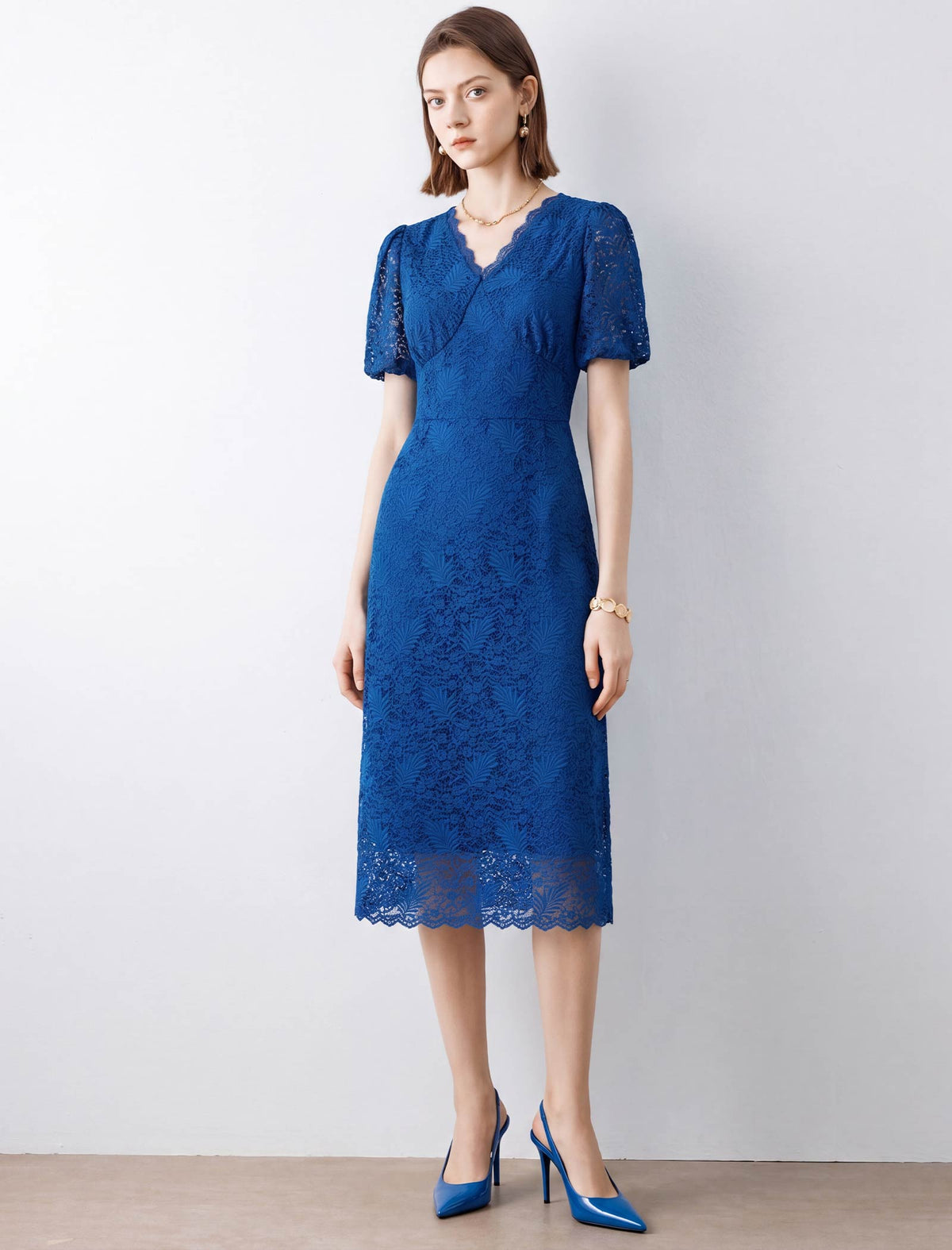 Lace Floral V-Neck Puff Sleeve Midi Dress