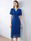Lace Floral V-Neck Puff Sleeve Midi Dress