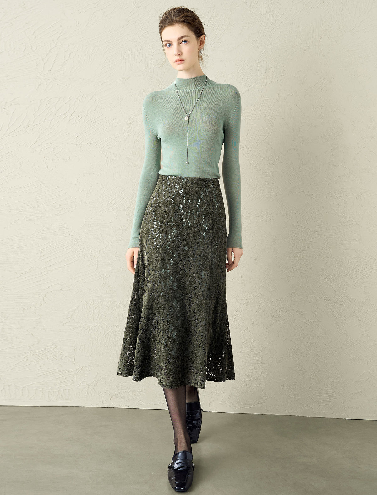 Olive Green Lace Midi Skirt