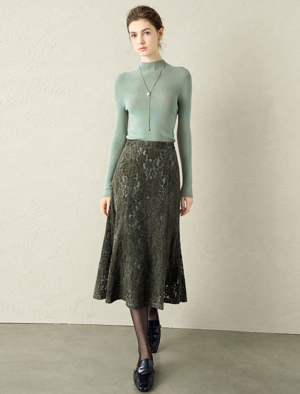 Olive Green Lace Midi Skirt