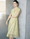 Yellow Geometric Print Lapel Cap Sleeve Belted Shirt Midi Dress