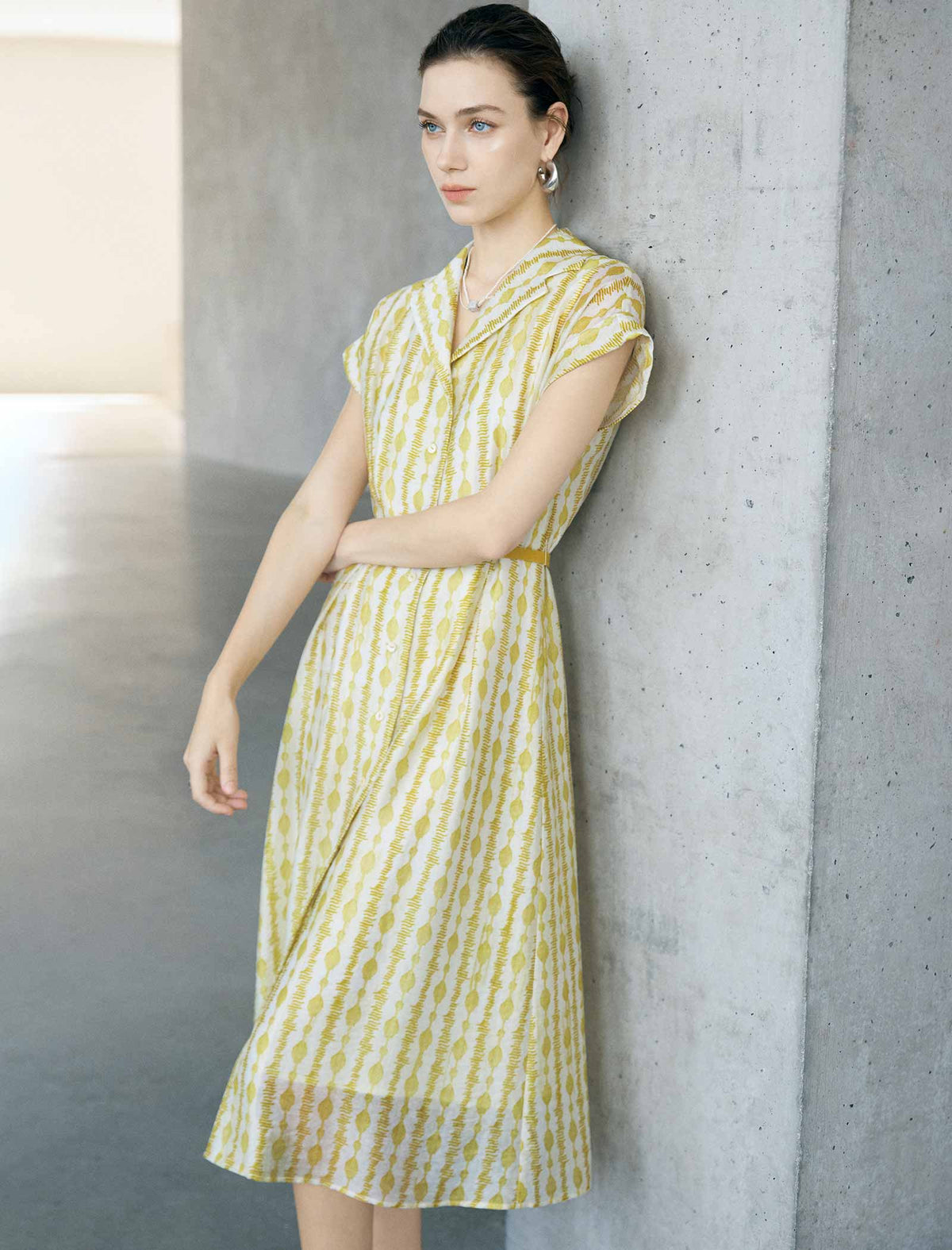 Yellow Geometric Print Lapel Cap Sleeve Belted Shirt Midi Dress
