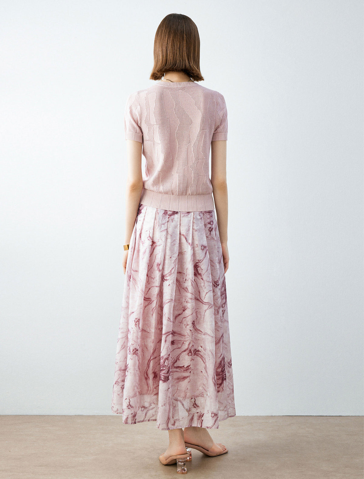 Pink Marble Print Pleated Midi Skirt
