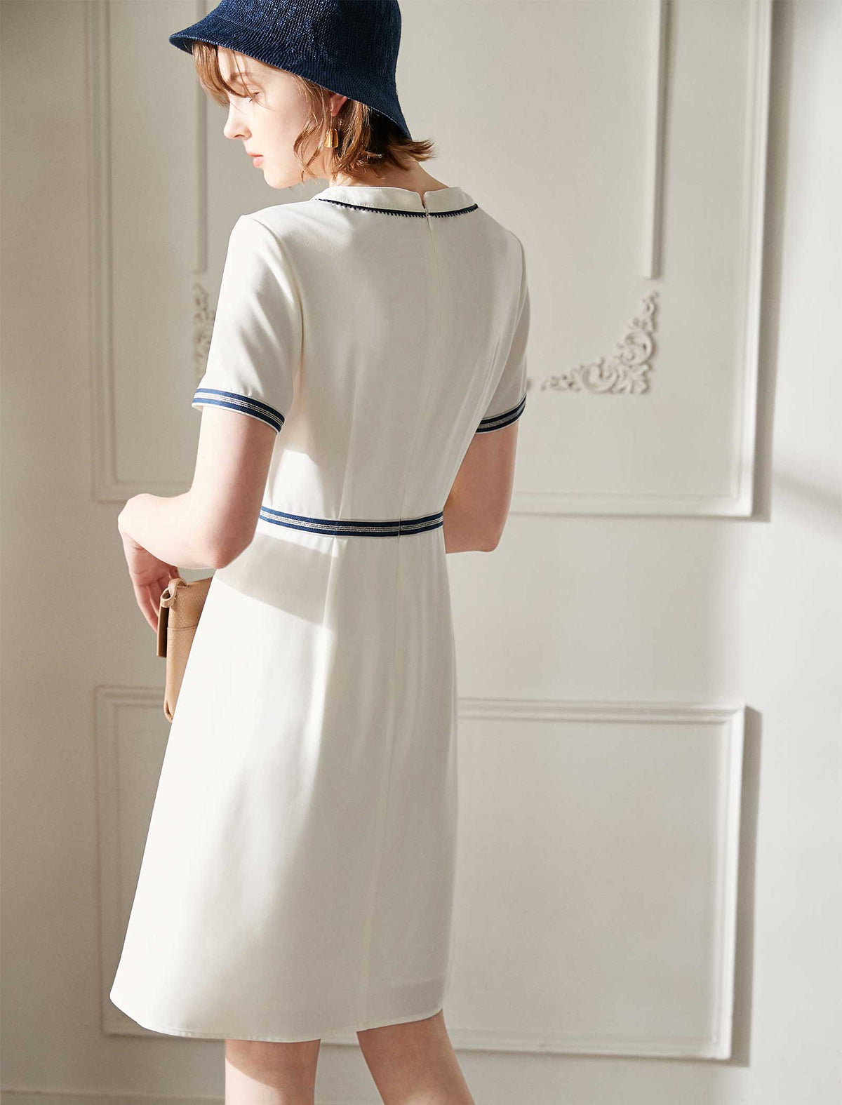 White Contrast Trim V-Neck A-Line Dress