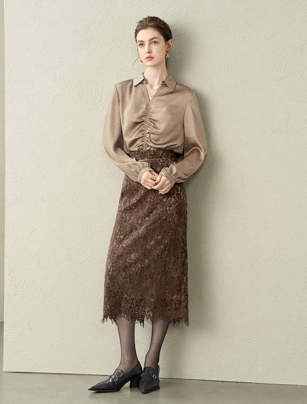 Mulberry Silk V-Neck Ruched Front Collared Blouse