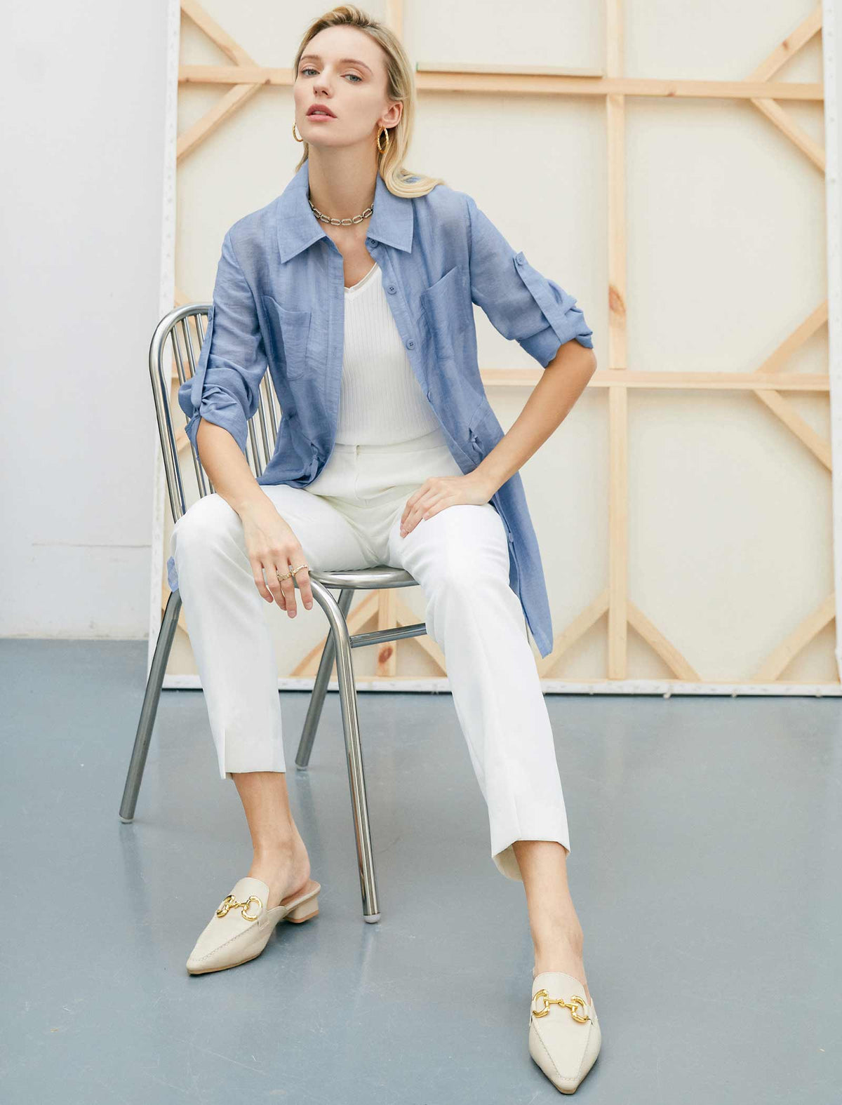 Tencel Light Blue Drawstring Shirt