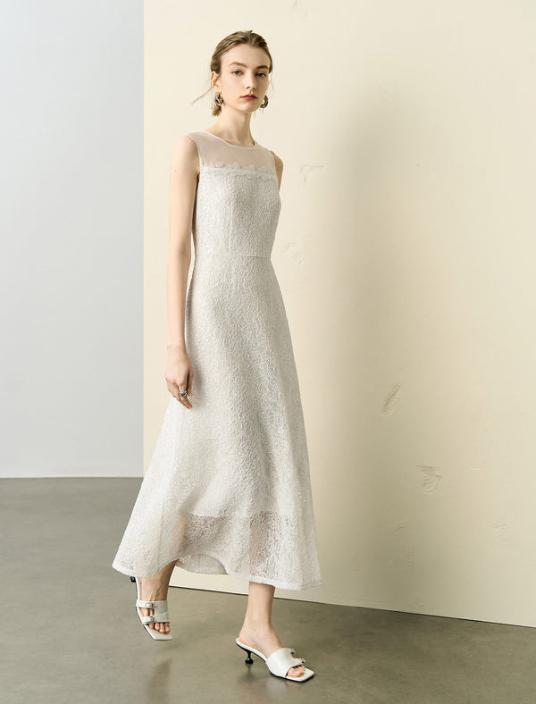 Sheer Neckline Lace Midi Dress
