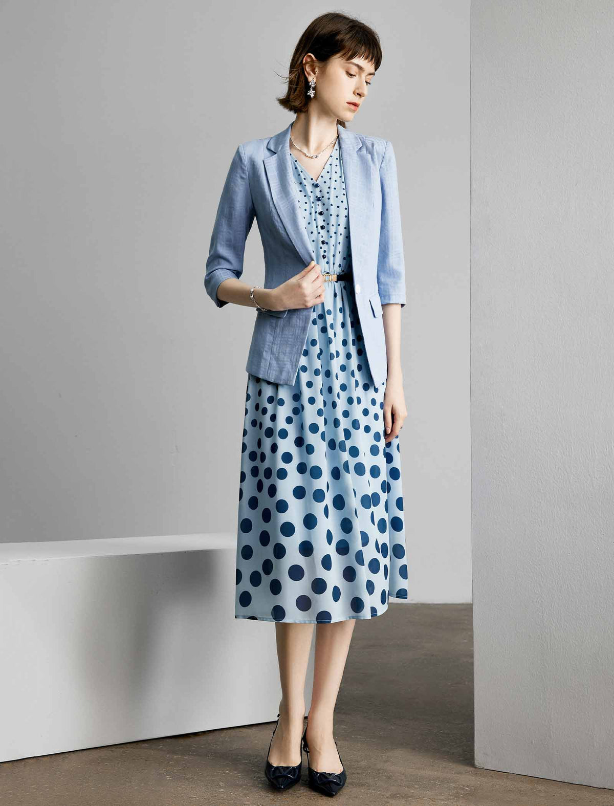 Blue Polka Dot Sleeveless Midi Dress