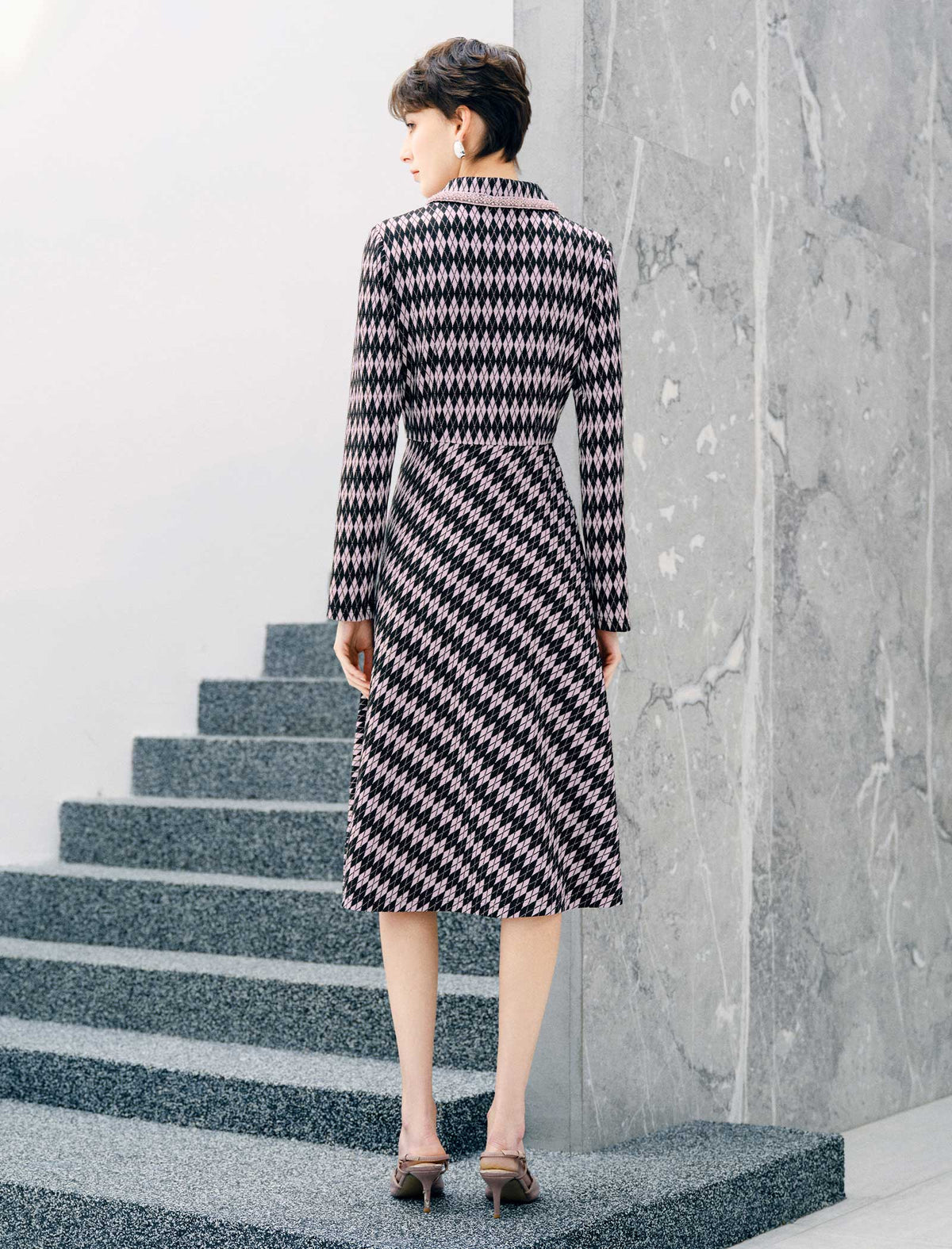 Geometric Plaid Zip Collar Long Sleeve A-Line Dress