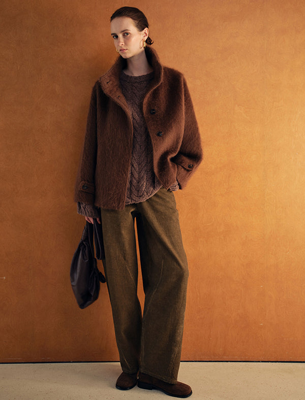 Wool-Cashmere Silk Blend Stand Collar Fuzzy Jacket