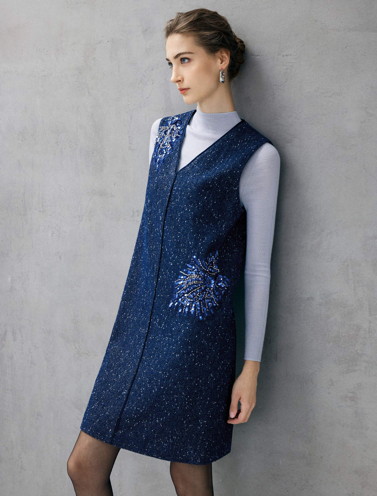 Wool Blend Beaded V-Neck Sleeveless Shift Dress