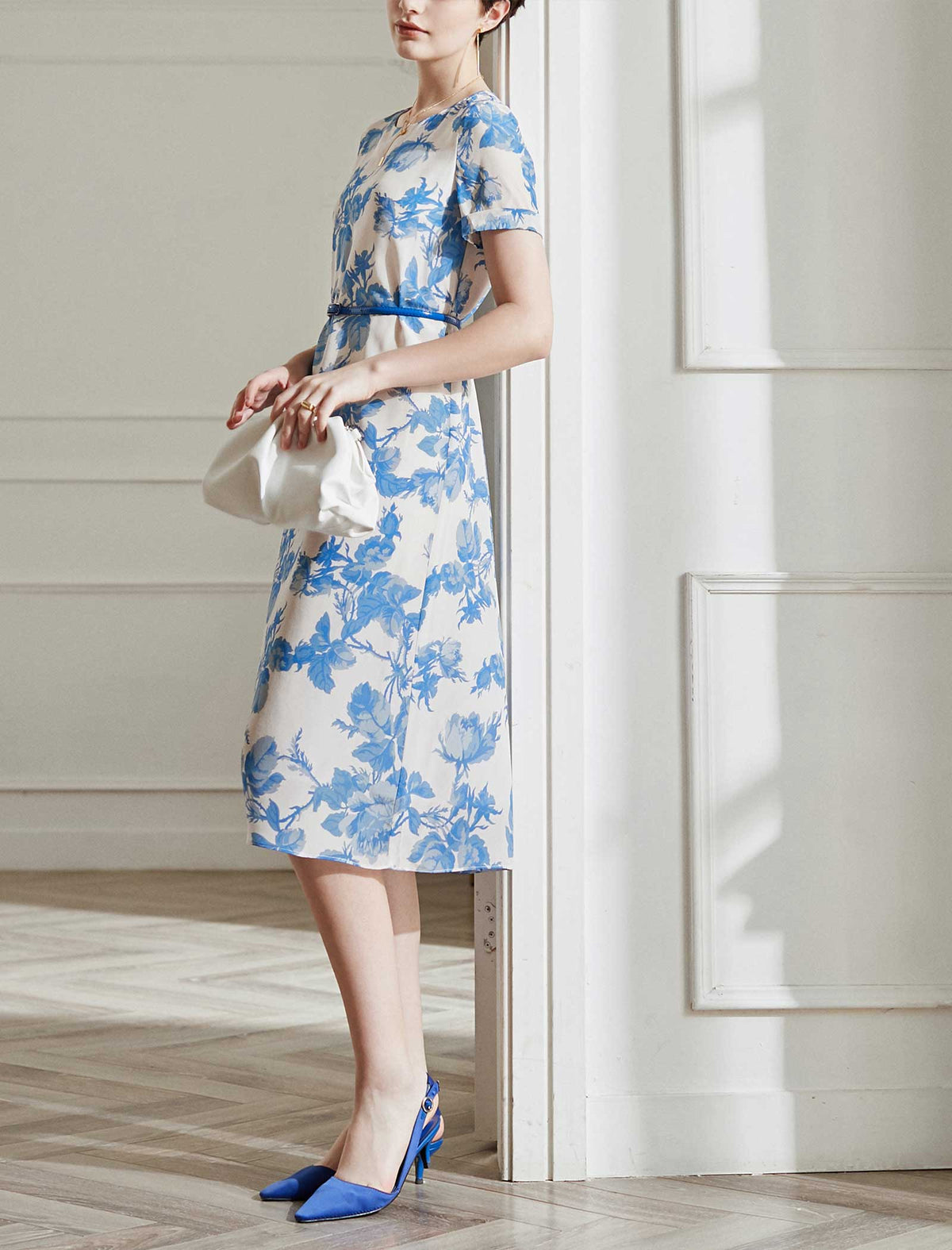 Elegant Floral Silk Dress with Cinched Waist