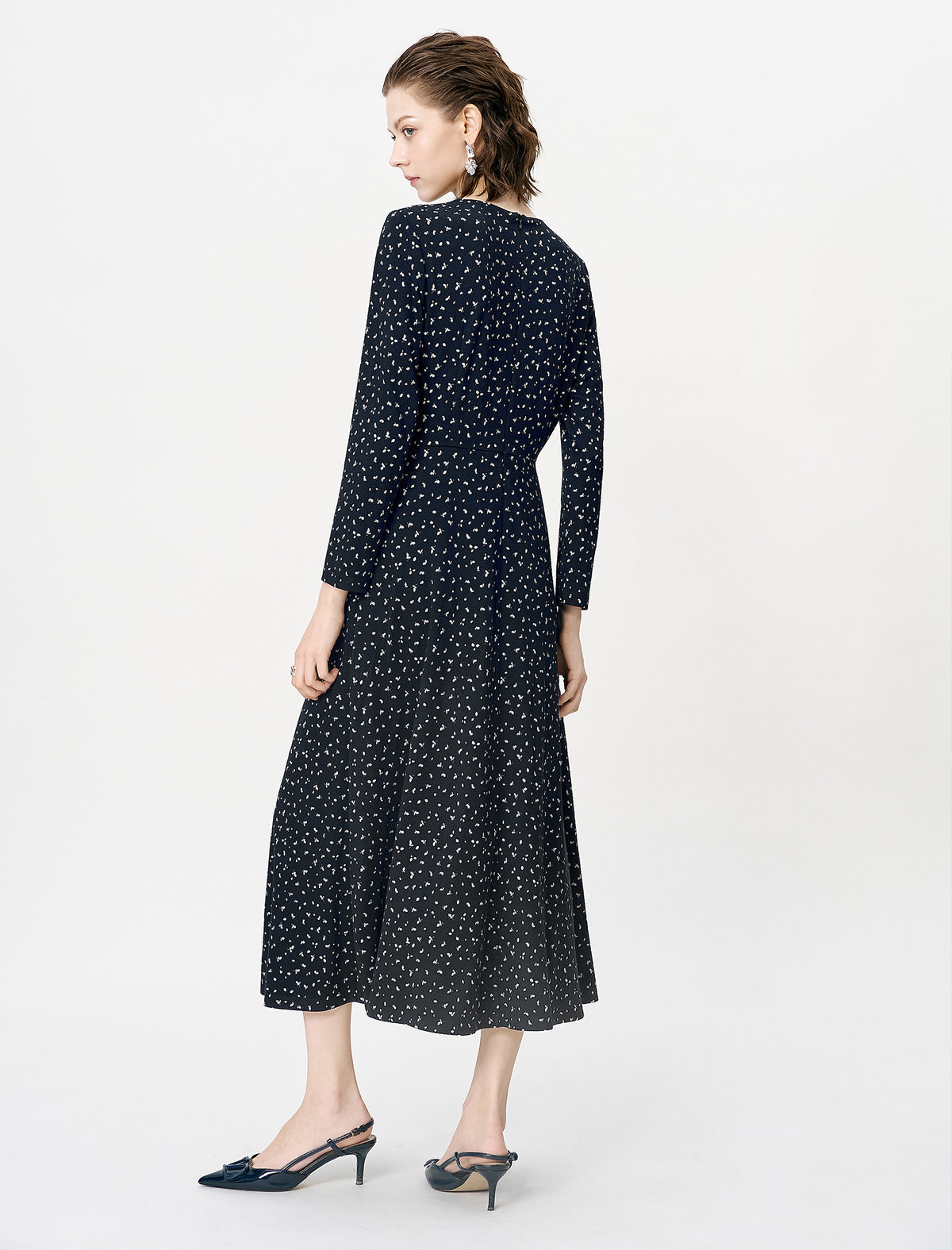Black Ditsy Floral Long Sleeve Midi Dress