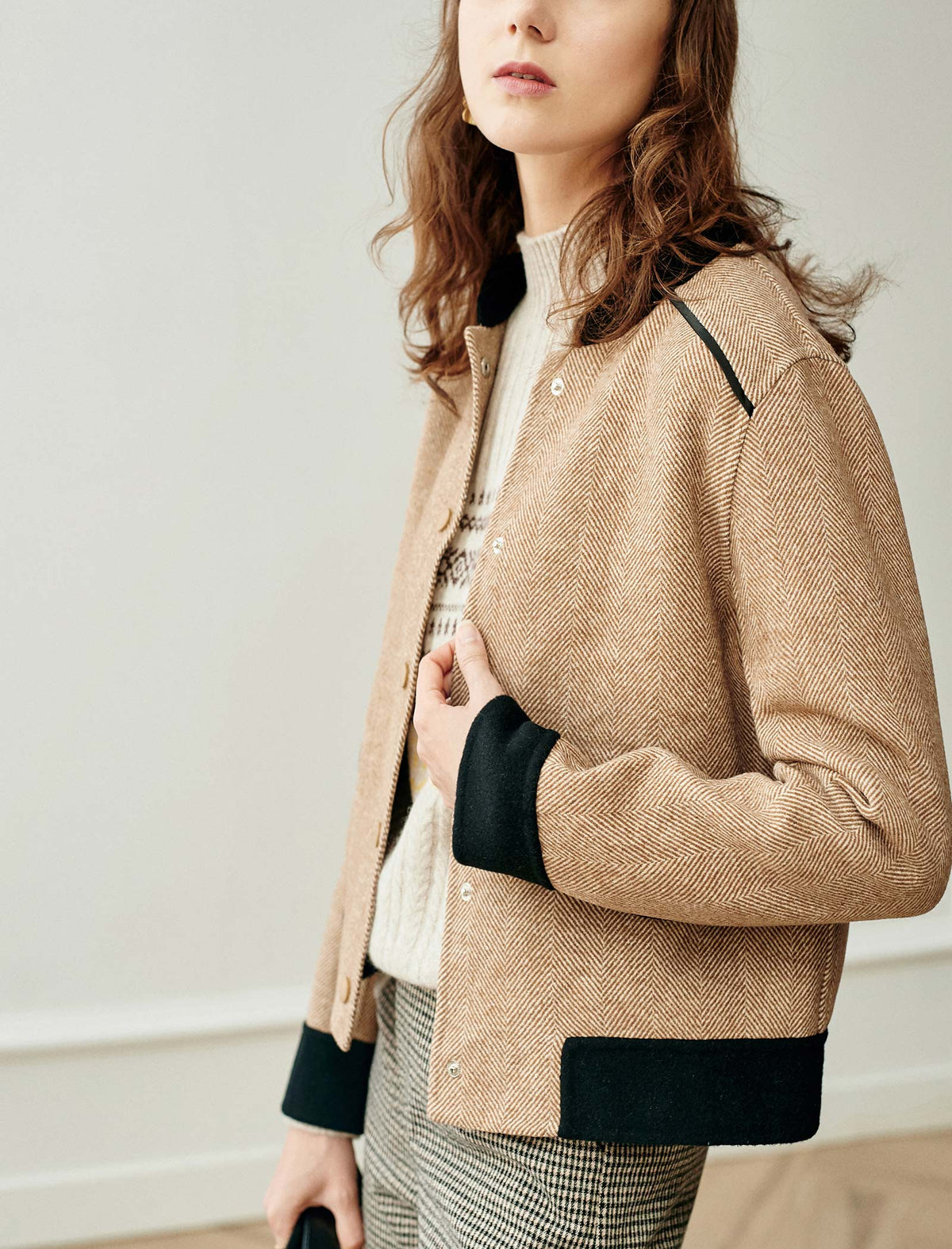 Wool Blend Herringbone Stand-Collar Relaxed Jacket