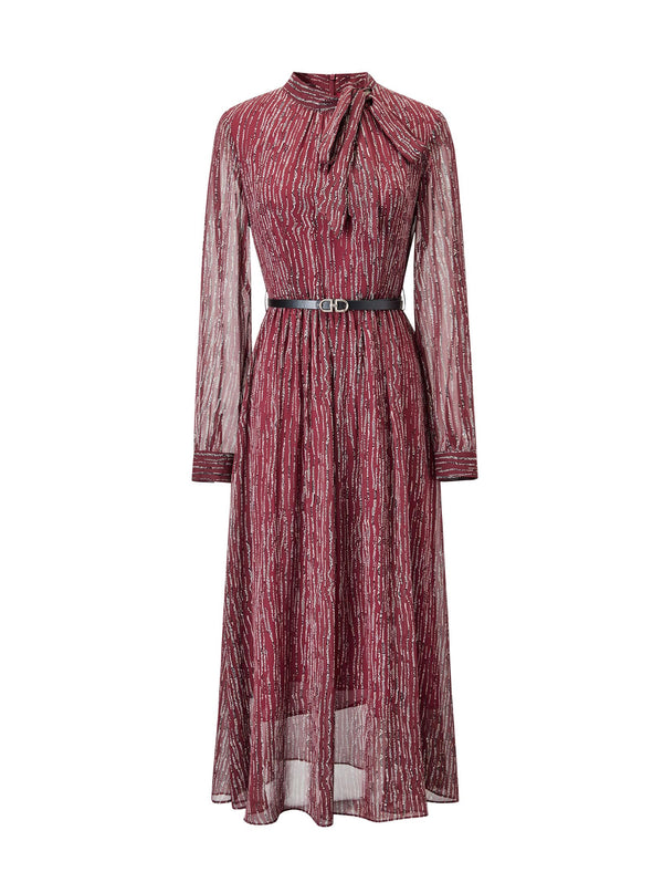 Tie-Neck Striped Print Midi Dress