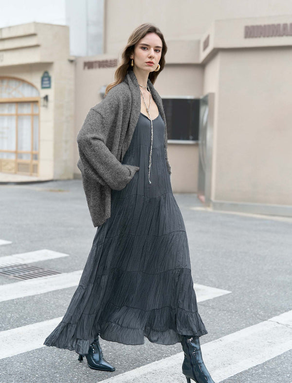 Charcoal Crinkled Sleeveless Maxi Slip Dress