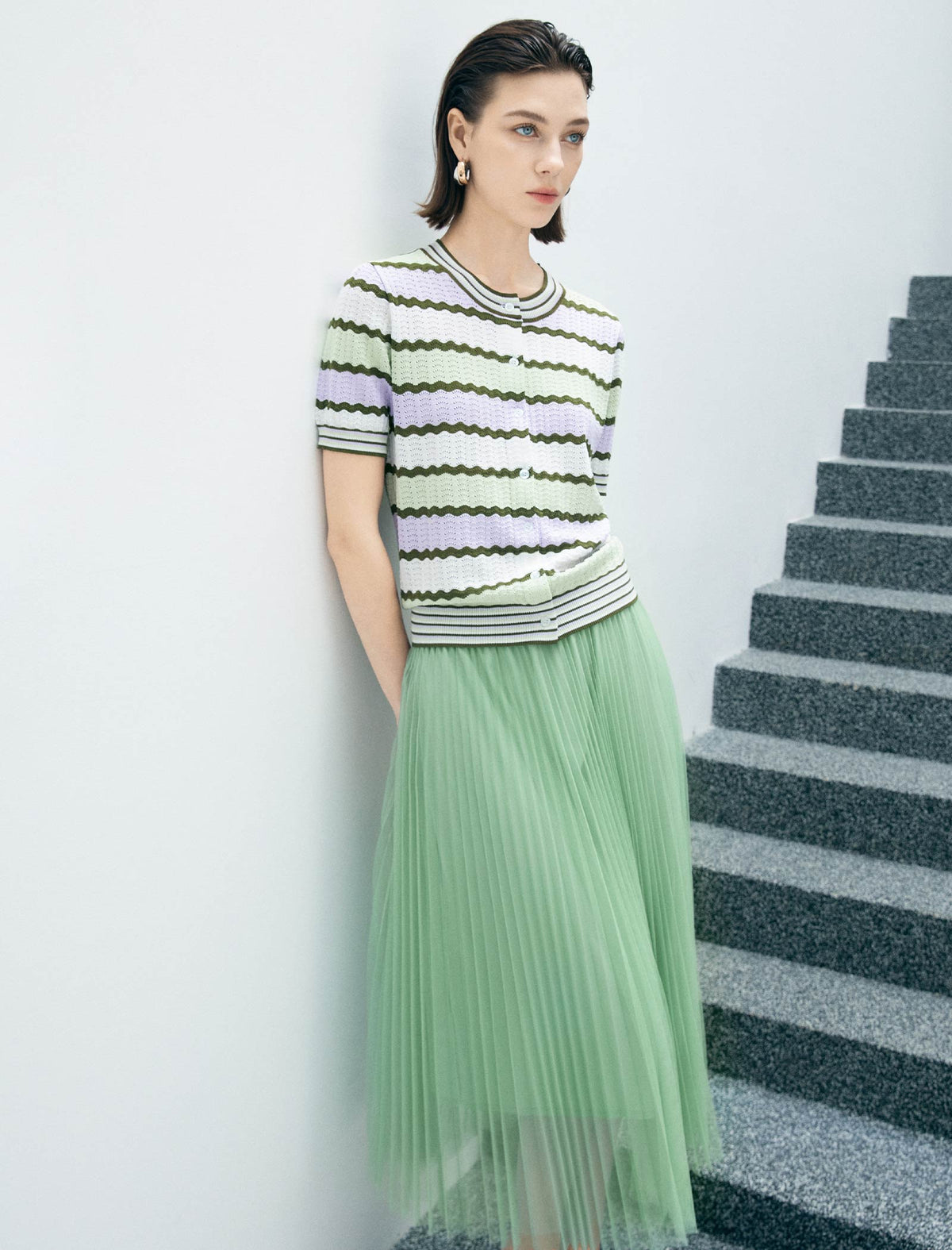 Soft Green Pleated Tulle Midi Skirt