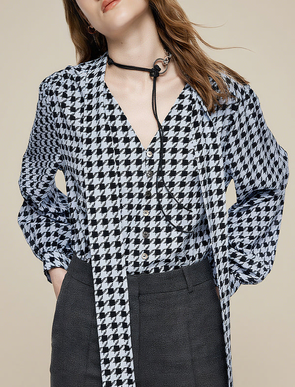 100% Mulberry Silk Houndstooth Tie-Neck Blouse