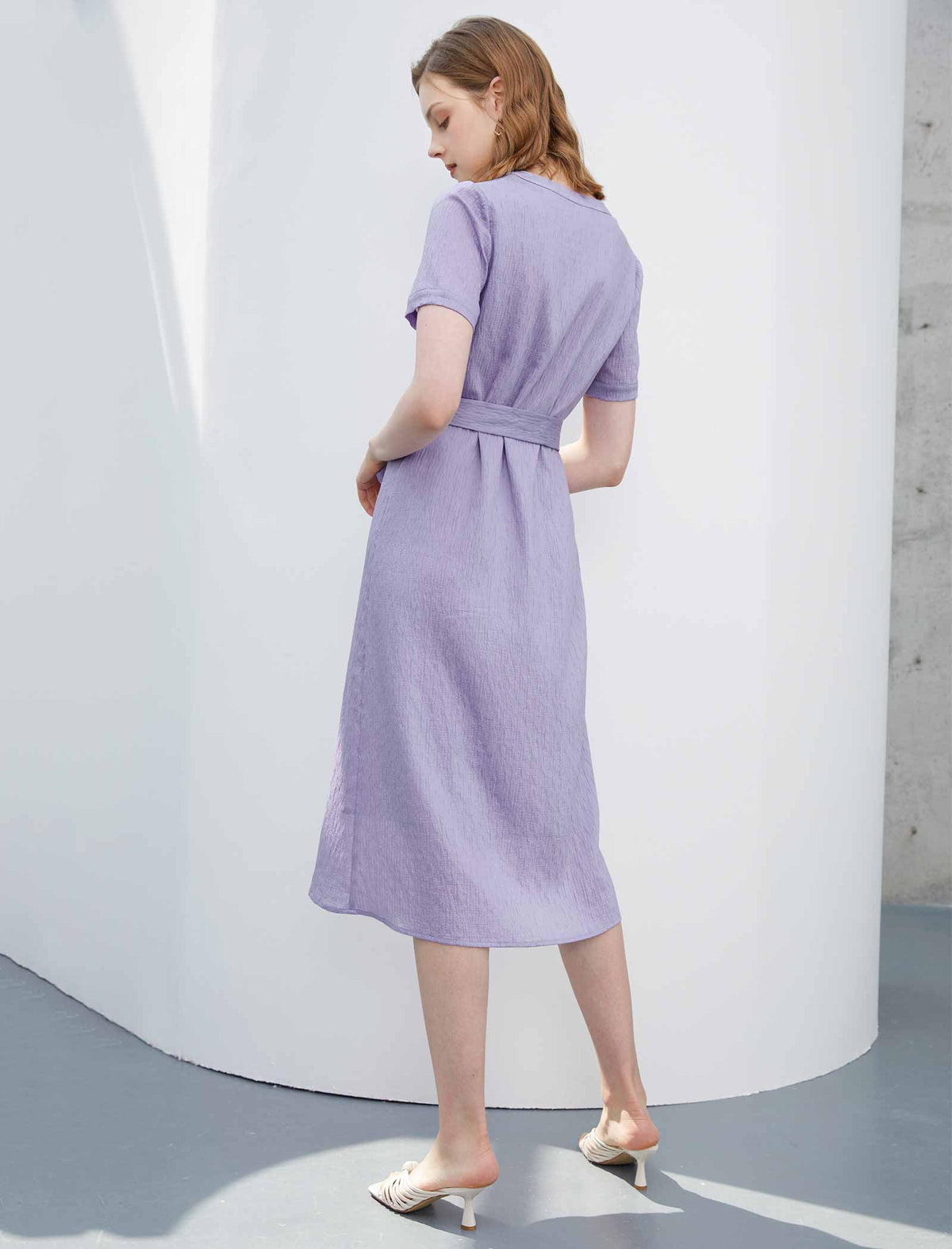 Purple Tie-Waist Short Sleeve Dress