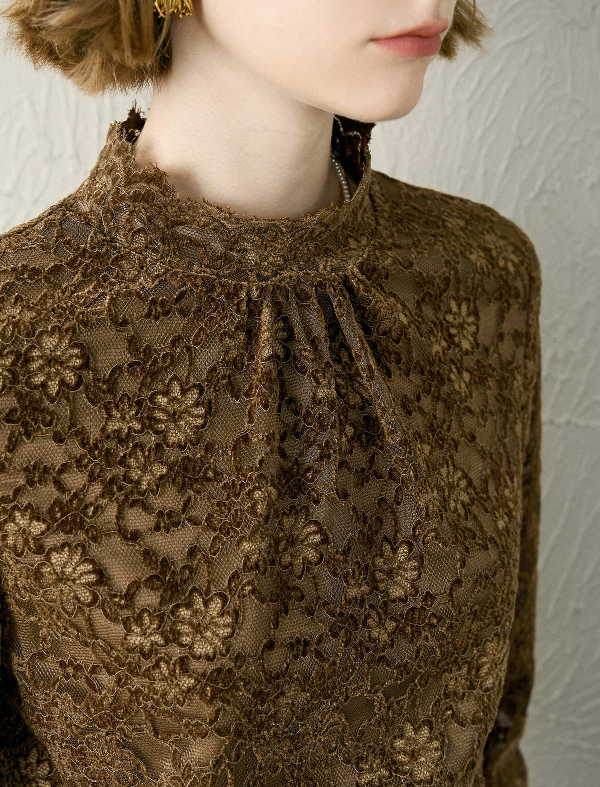 Floral Lace Mock Neck Ruched Blouse