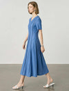 Blue V-Neck Seamed Fit-and-Flare Tencel Midi Dress