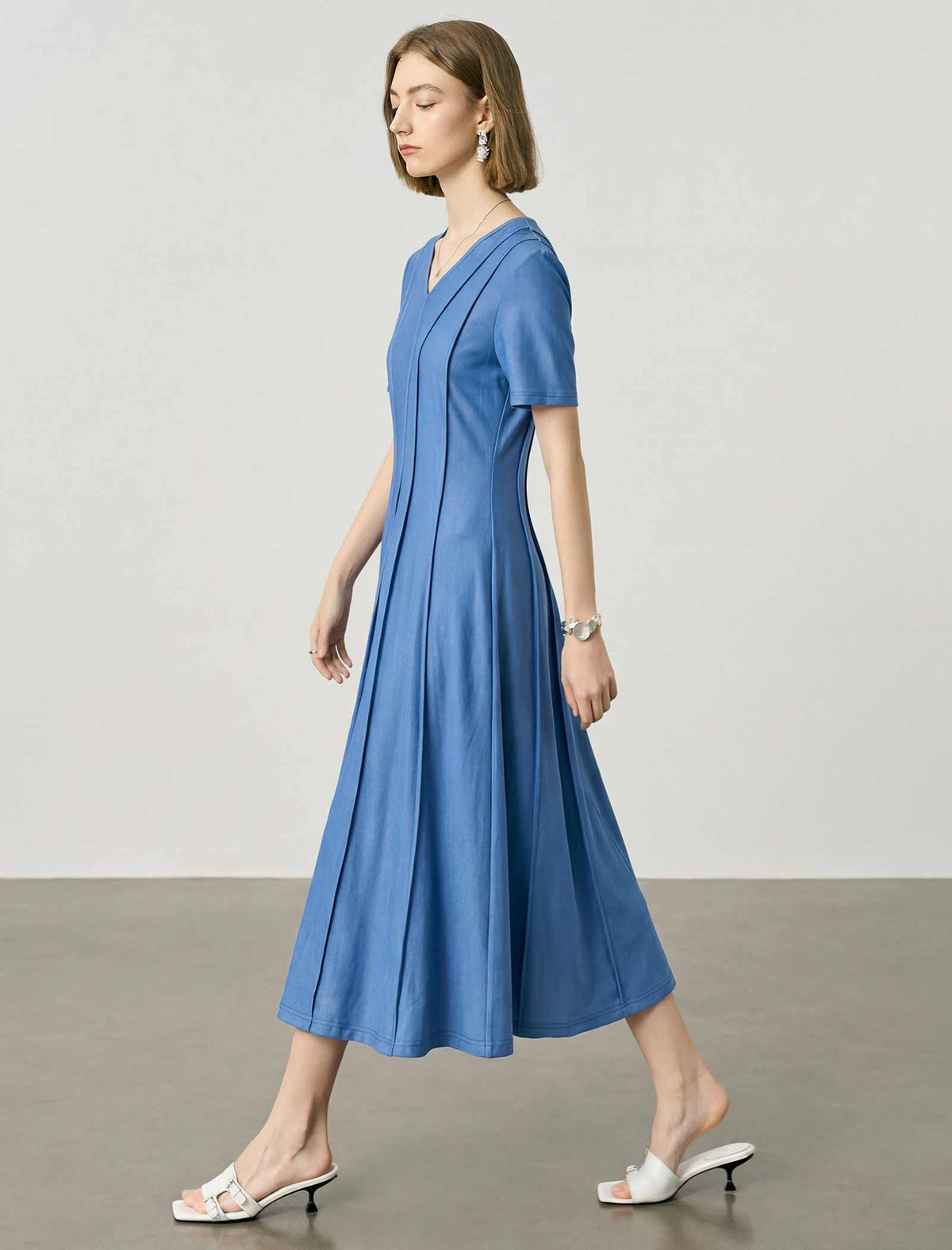Blue V-Neck Seamed Fit-and-Flare Tencel Midi Dress