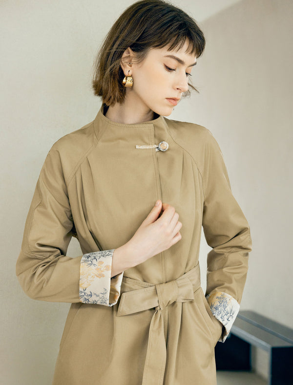 Floral Cuff Stand-Up Collar Belted Trench Coat