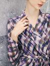 Watercolor Plaid Wrap V-Neck Belted Midi Dress