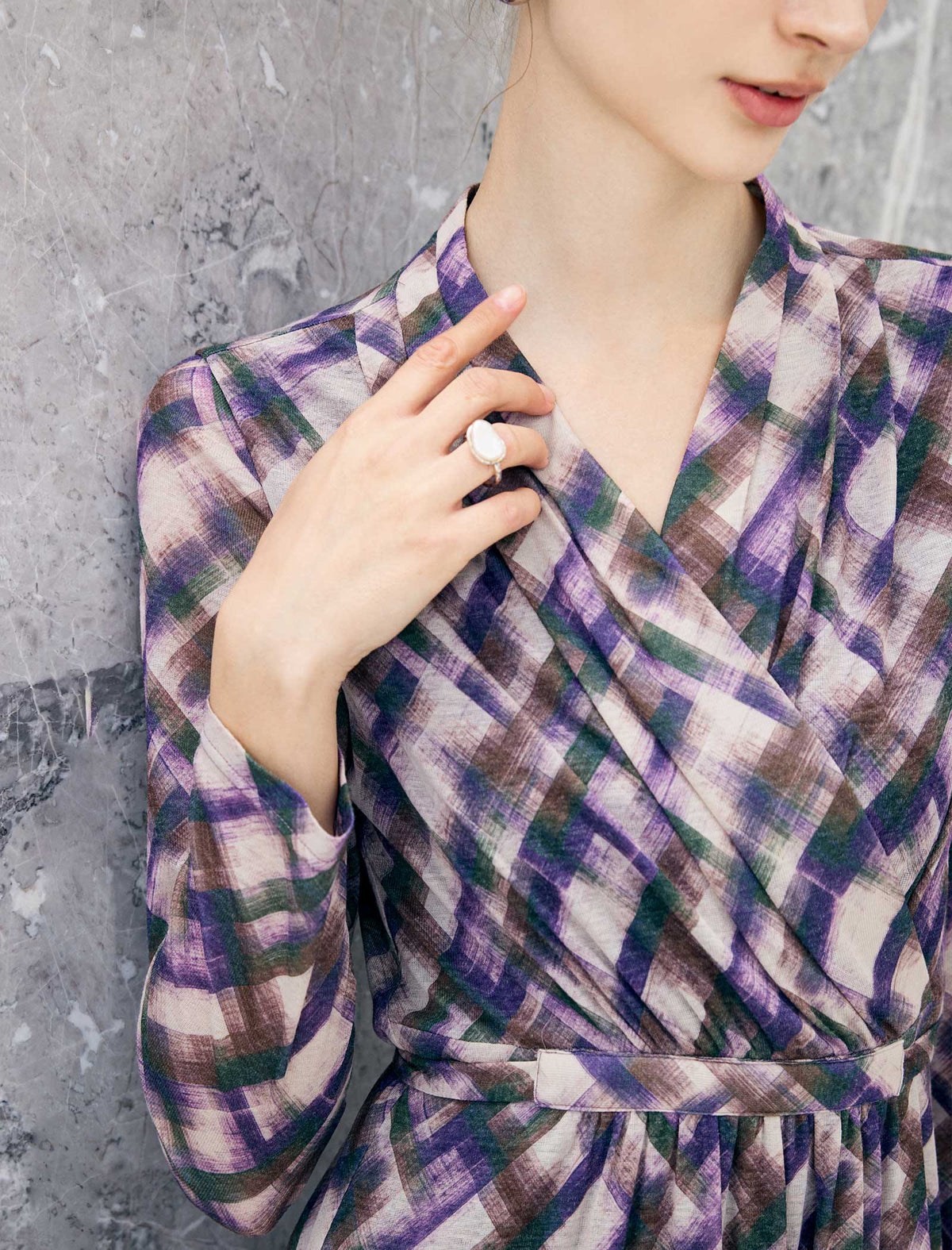 Watercolor Plaid Wrap V-Neck Belted Midi Dress
