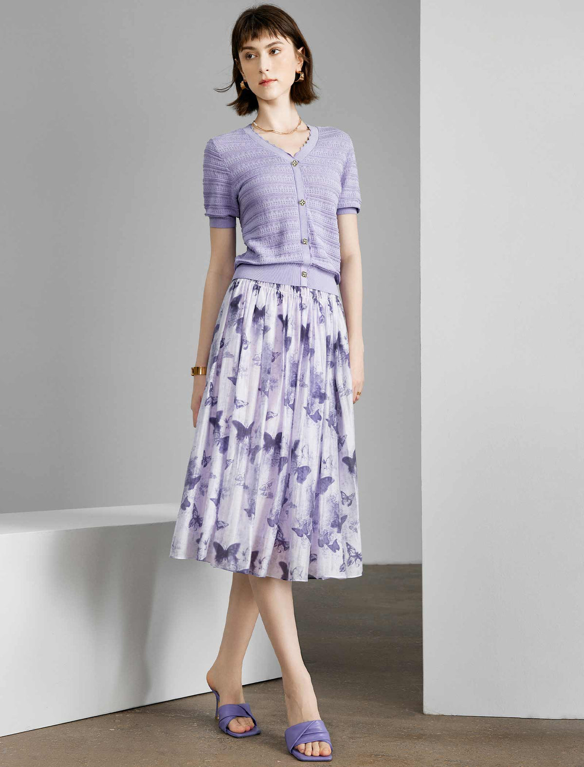 Purple Tencel Print A-Line Skirt