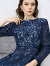 Navy Blue Beaded Neckline Lace Midi Dress