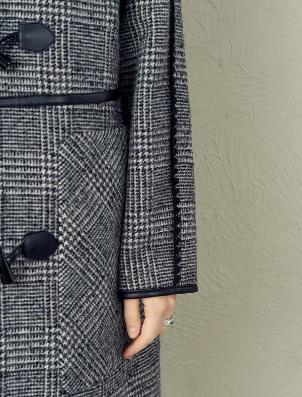 Plaid Wool-Blend Toggle Hooded Coat