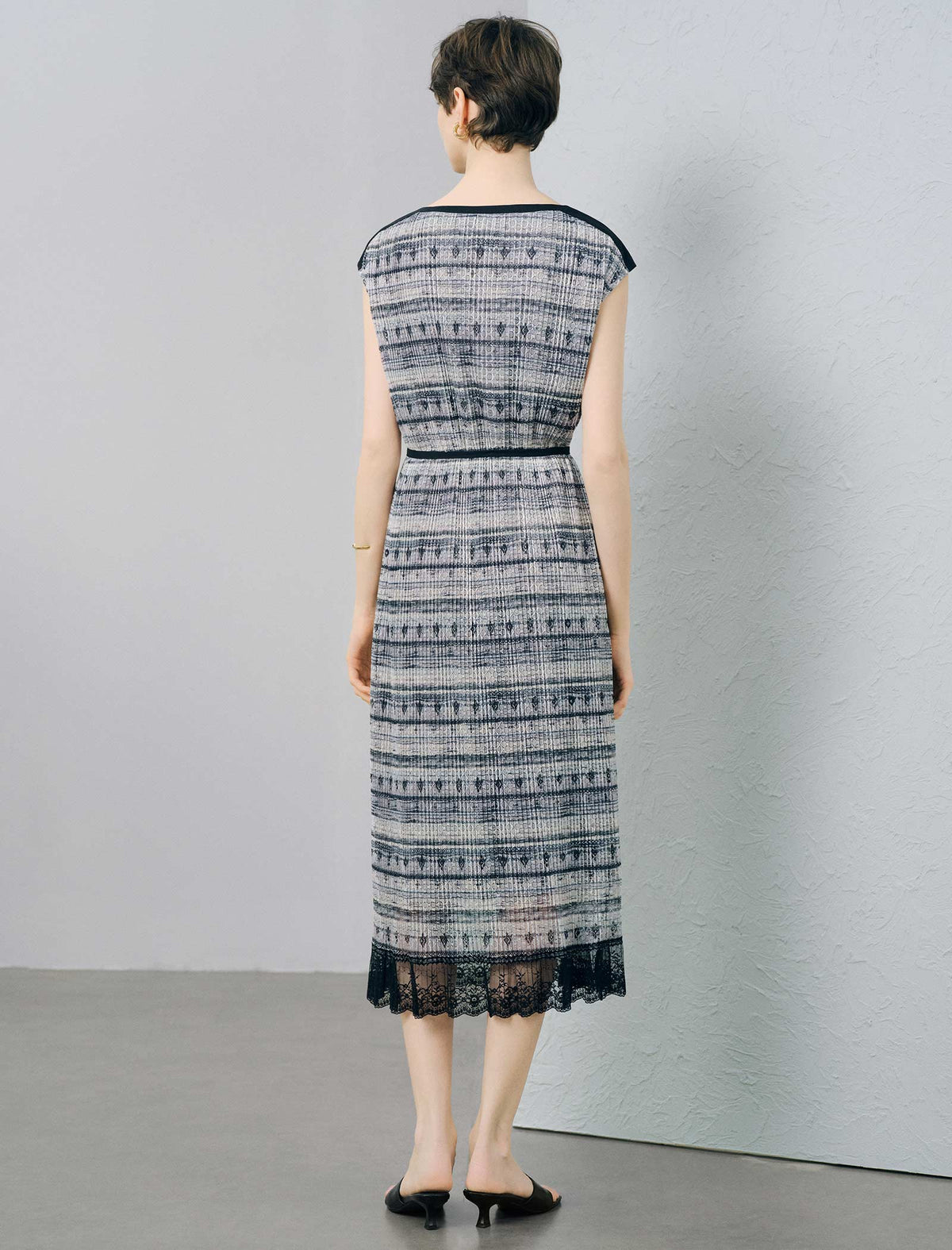 Striped Textured Lace-Hem Midi Dress