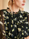Black Floral Ruffled Neck Chiffon Midi Dress