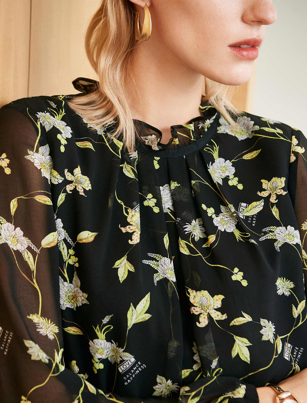 Black Floral Ruffled Neck Chiffon Midi Dress