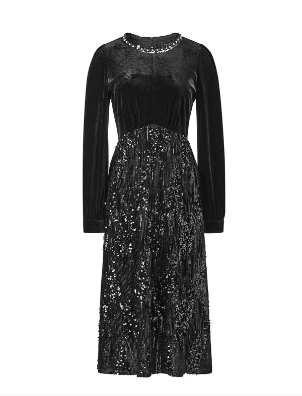 Black Velvet Sequin Midi Dress