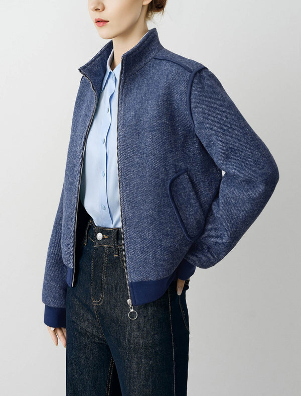 Blue Wool-Blend Zip-Up Jacket