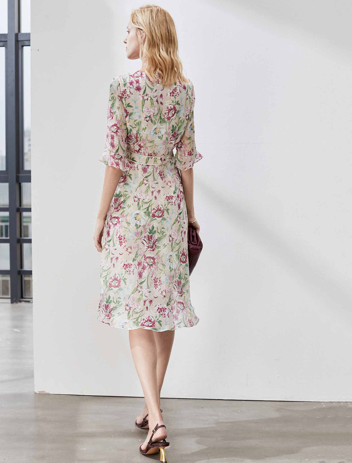 Chiffon Floral Waist-Cinched Ruffle Dress
