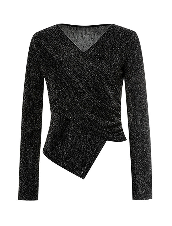 Glittery Wrap-Front Long Sleeve Top