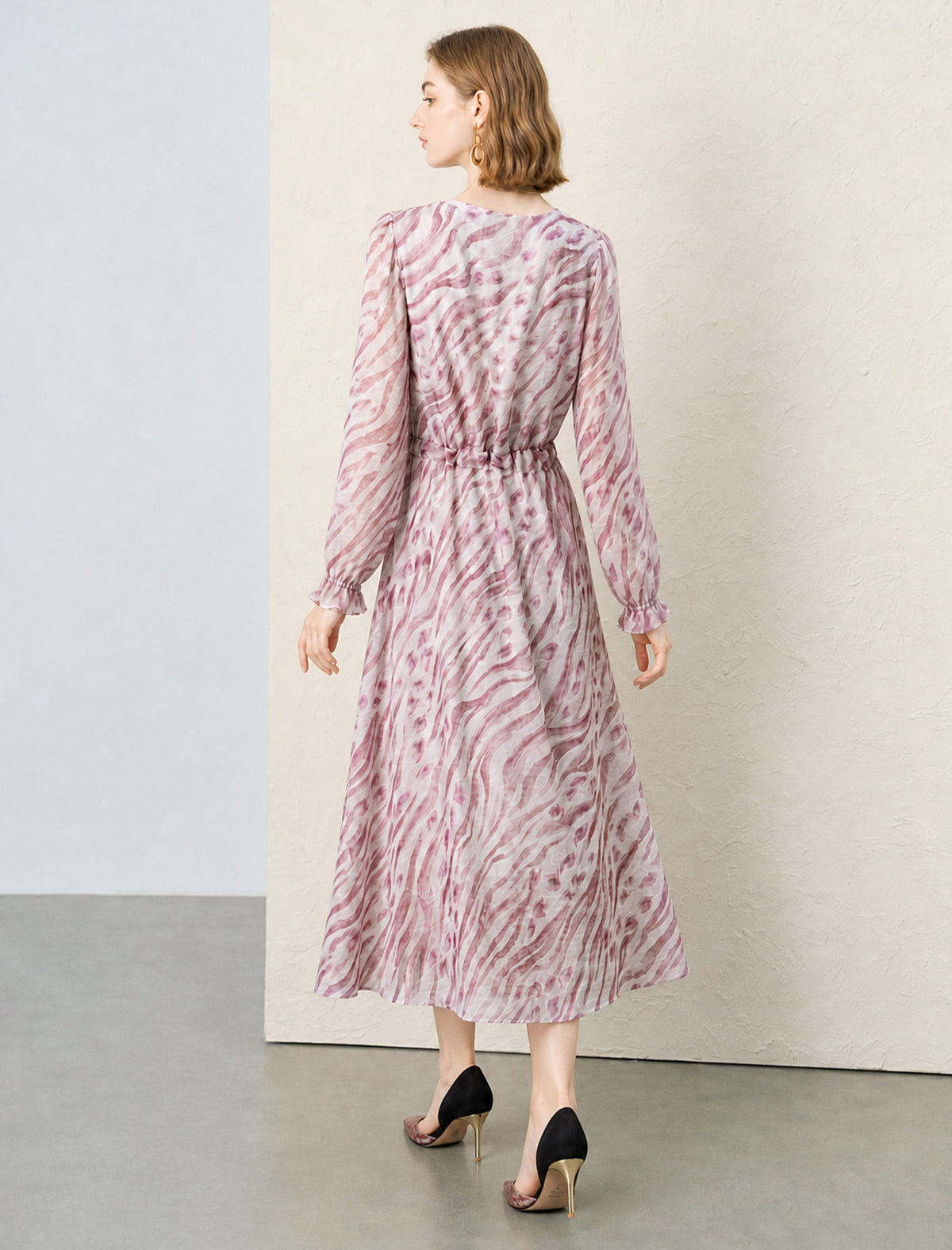 Mauve Zebra Print Long Sleeve Midi Dress