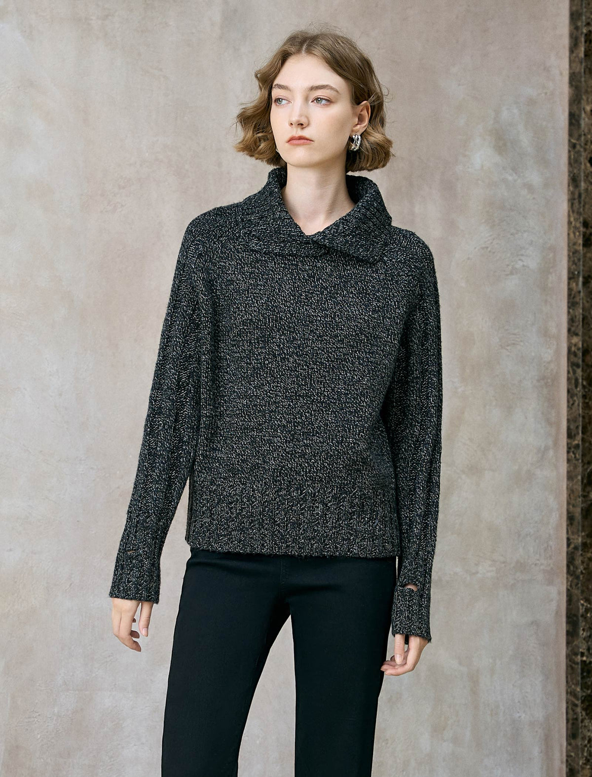 Charcoal Wool-Blend Shawl Collar Sweater