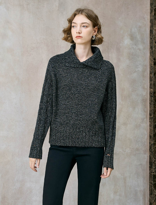 Charcoal Wool-Blend Shawl Collar Sweater