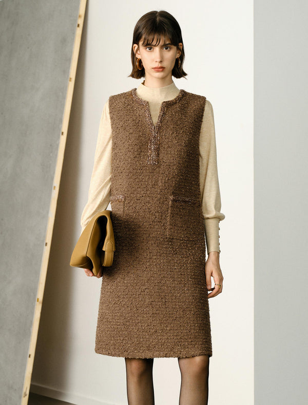 Brown Wool Loose Sleeveless Midi Dress